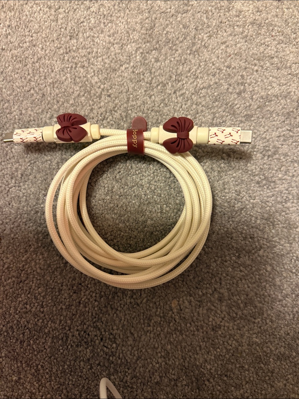 Cute Cream Braided Cable with Burgundy Bow Accents 10 feet Long